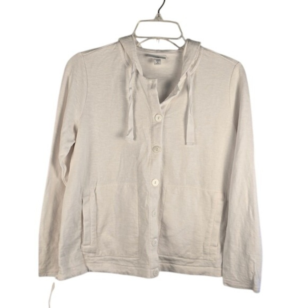 J. Jill White Cotton Linen Blend Button Front Hoodie Cardigan Coastal Old‎ Money